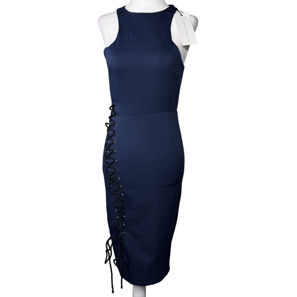 NWT Lavish Alice Womens Dress Size 8 Navy Sleeveless Bodycon Midi Dress Lace-Up